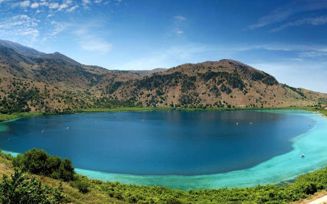 Blue lake mountains trees sunny free wallpaper - medium preview image