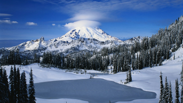 Snow mountain lake trees blue free wallpaper - medium preview image