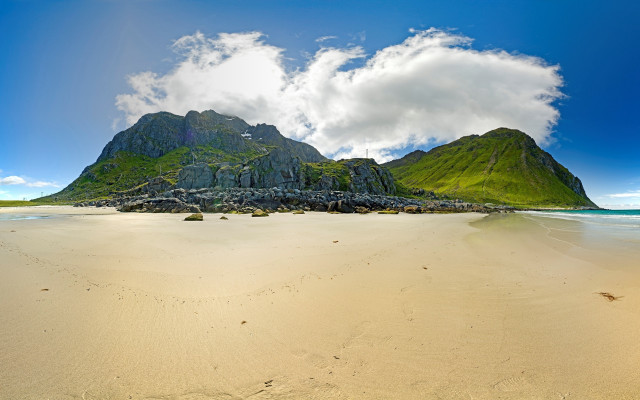 Sandy beach mountain clouds ocean free wallpaper - medium preview image