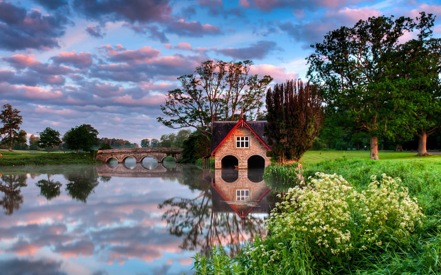 Lake house bridge sunset impressionist free wallpaper - medium preview image