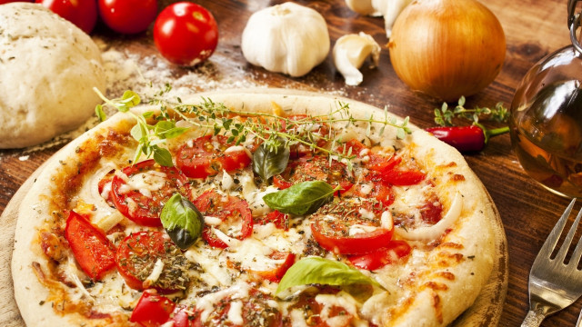 Pizza tomatoes basil cheese wooden free wallpaper - medium preview image