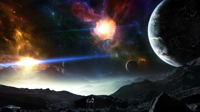 Space man planet mountains night free wallpaper - medium preview image
