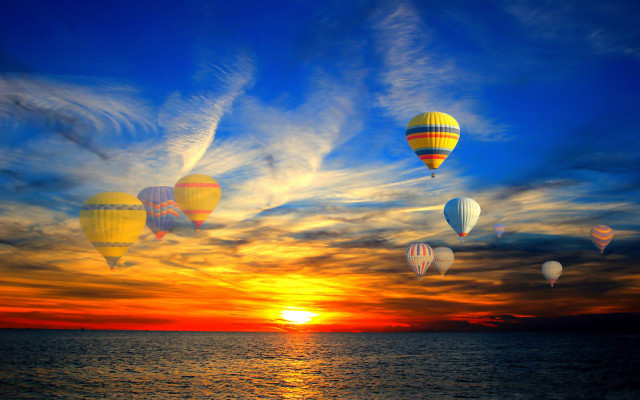 Sunset hotairballoons water clouds magicrealism free wallpaper - medium preview image