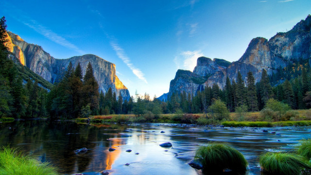 River mountains grass trees blue free wallpaper - medium preview image