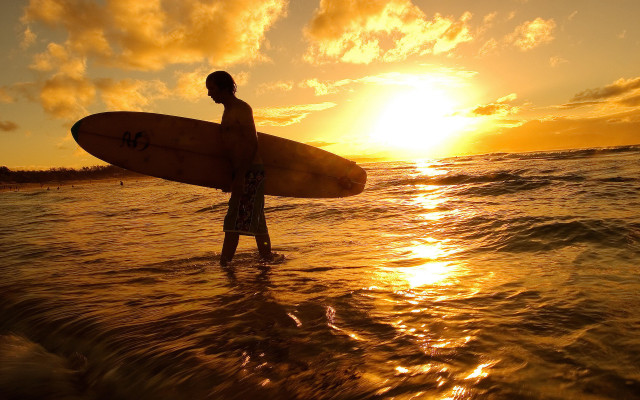 Surfing man sunset ocean beach free wallpaper - medium preview image