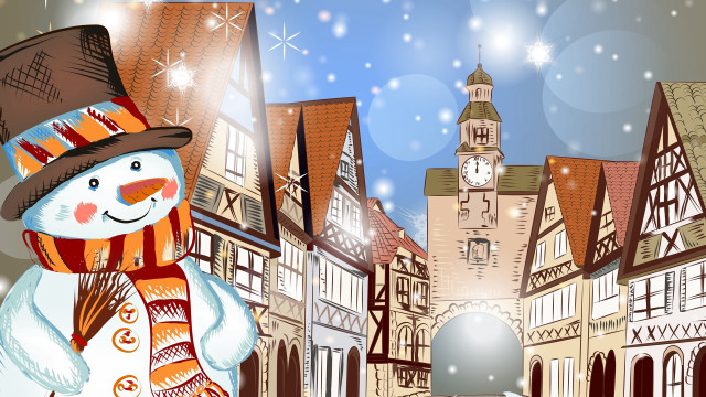 Snowman hat scarf building clock free wallpaper for desktop - medium preview image