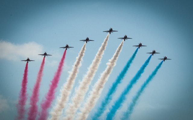 Jets colored smoke formation blue free wallpaper - medium preview image