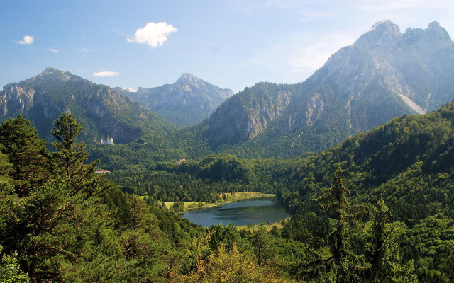 Lake mountains trees house panorama free wallpaper - medium preview image