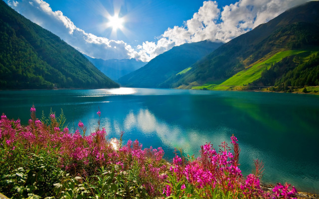 Lake mountains flowers sun clouds free wallpaper - medium preview image
