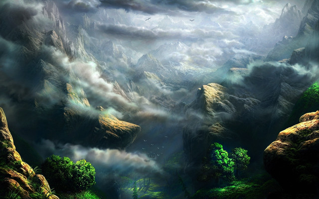 Mountain river clouds birds fantasy free wallpaper - medium preview image
