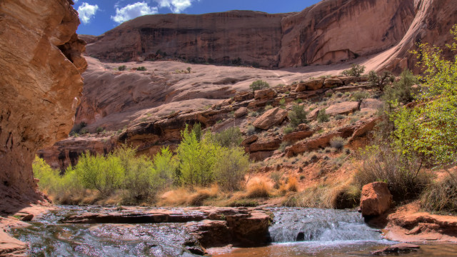 Canyon stream mountain trees blue free wallpaper - medium preview image