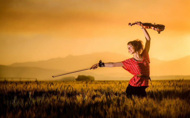 Woman violin field sunset mountains free wallpaper - medium preview image