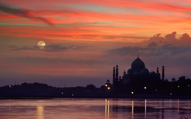 Sunset building moon water mystical free wallpaper - medium preview image