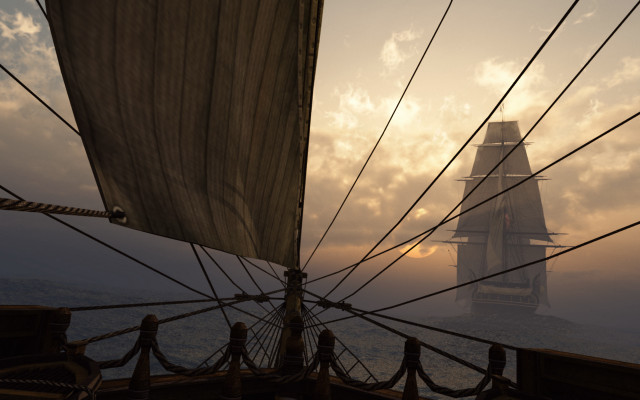 Sailboat foggywaters tallship cinematicmatte painting free wallpaper - medium preview image
