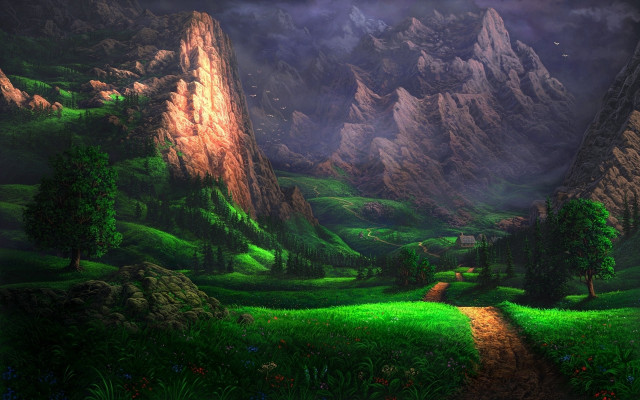 Mountain landscape path house dark free wallpaper - medium preview image