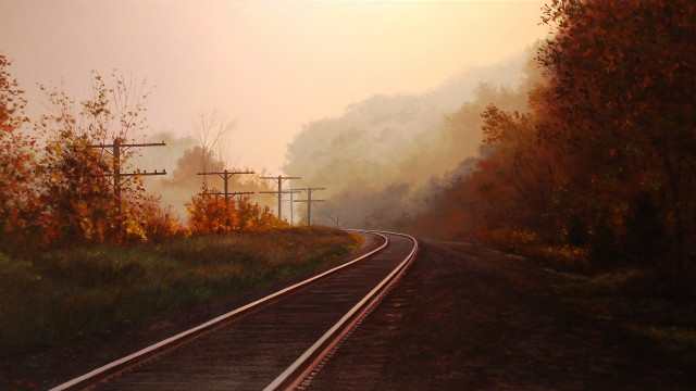 Train fog forest autumn gouache free wallpaper - medium preview image