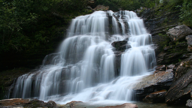 Waterfall rocks forest light rays free wallpaper - medium preview image