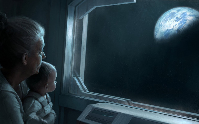 Spacewoman child earth moon aurora free wallpaper - medium preview image