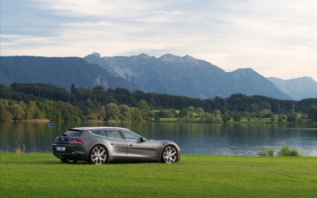Car lake mountains forest grass free wallpaper - medium preview image