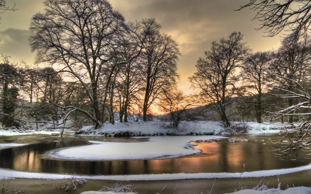 River snow covered trees sunset free wallpaper - medium preview image