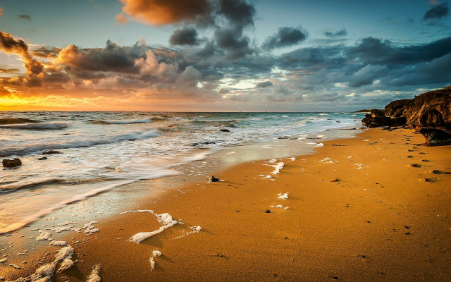Beach waves sunset clouds rocks free wallpaper - medium preview image