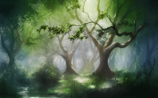 Fantasy forest stream sunbeam detailed free wallpaper - medium preview image