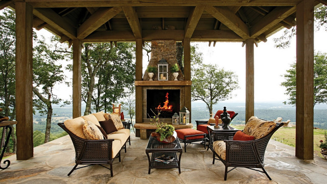 Patio fireplace chairs vase table free wallpaper - medium preview image