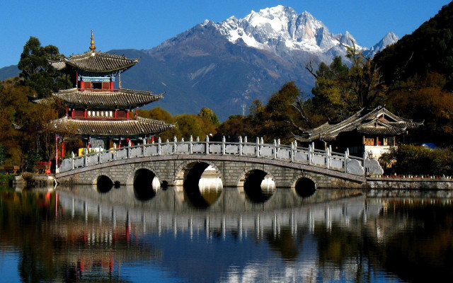 Bridge lake mountains cityscape architecture free wallpaper - medium preview image