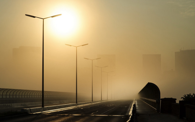 Foggy street city tall buildings free wallpaper - medium preview image