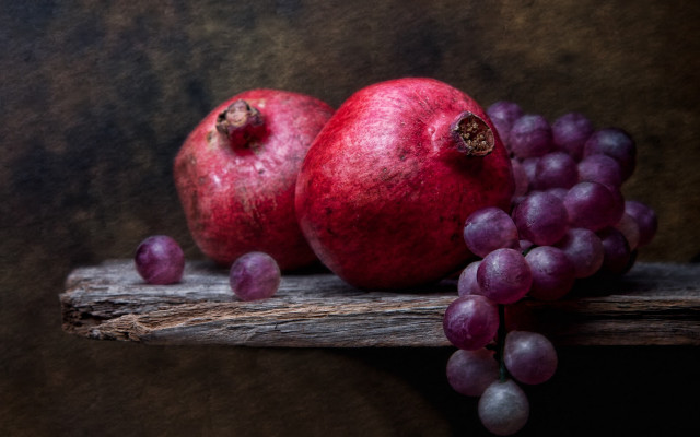 Pomegranates grapes wood brown photorealistic free wallpaper - medium preview image