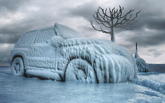 Icy car tree cloudy horizon free wallpaper - medium preview image