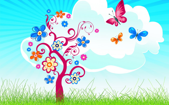 Tree flowers butterflies field sky free wallpaper - medium preview image