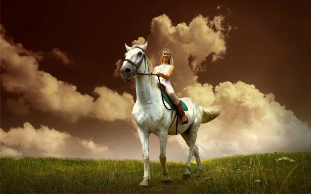 Woman horse field cloudy sunset free wallpaper - medium preview image