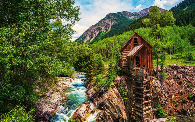 Wooden structure river forest mountain free wallpaper - medium preview image