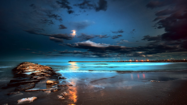 Moon ocean lighthouse night clouds free wallpaper - medium preview image