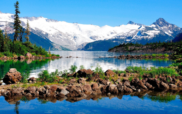 Mountain lake reflection rocks grass free wallpaper - medium preview image