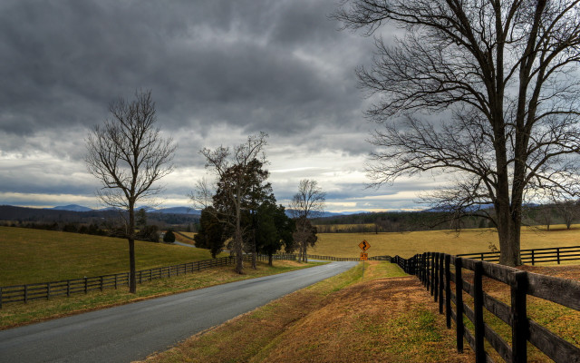 Stormy road fence trees sky free wallpaper - medium preview image