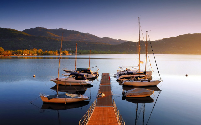 Lake dock boats mountains sunset free wallpaper - medium preview image