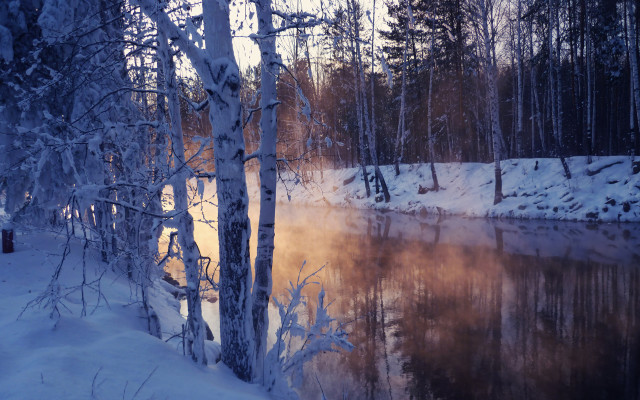 Snowy lake forest sunset brook free wallpaper - medium preview image