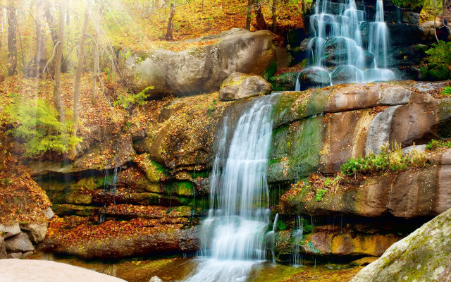 Waterfall forest rocks leaves cityscape free wallpaper - medium preview image
