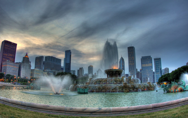 City skyline fountain cloudy sky free wallpaper - medium preview image