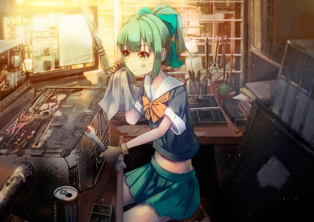 Girl blue dress sitting desk #2 free wallpaper - medium preview image