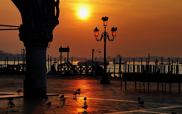 Sunset pier birds lightpole chandelier free wallpaper - medium preview image