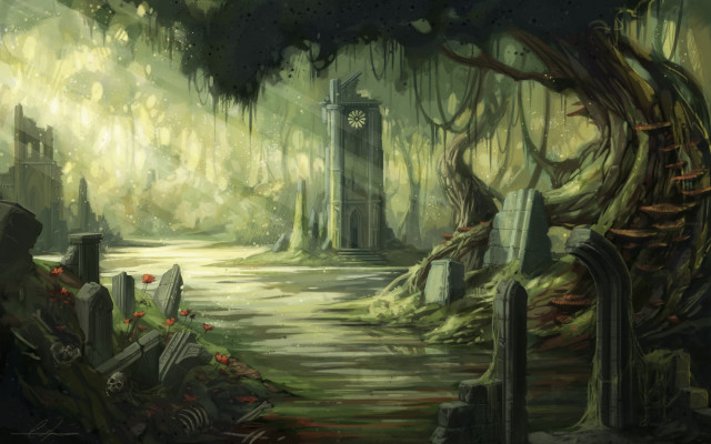 Forest clock tower cemetery bench free wallpaper - medium preview image