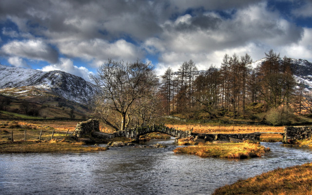 River bridge mountain forest sunset free wallpaper - medium preview image