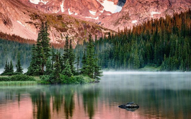 Mountain lake forest fog cherry free wallpaper - medium preview image