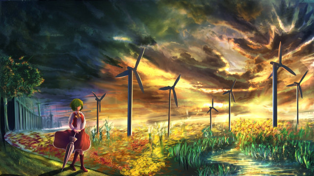 Woman windmill field wind turbines free wallpaper - medium preview image
