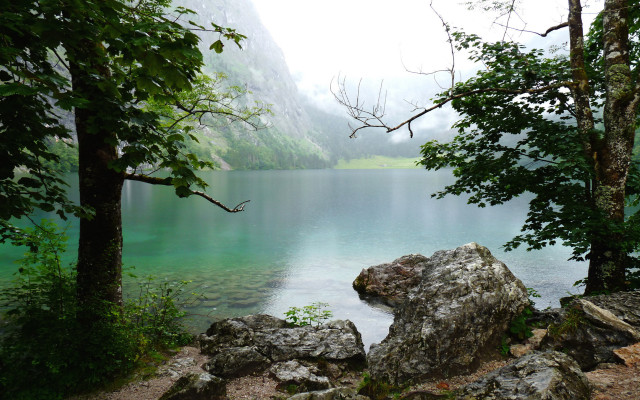 Lake mountains forest fog rocks free wallpaper - medium preview image