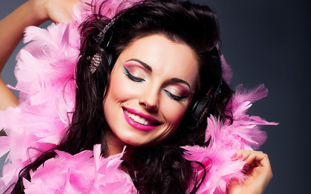 Woman headphones pink feathers smile free wallpaper - medium preview image