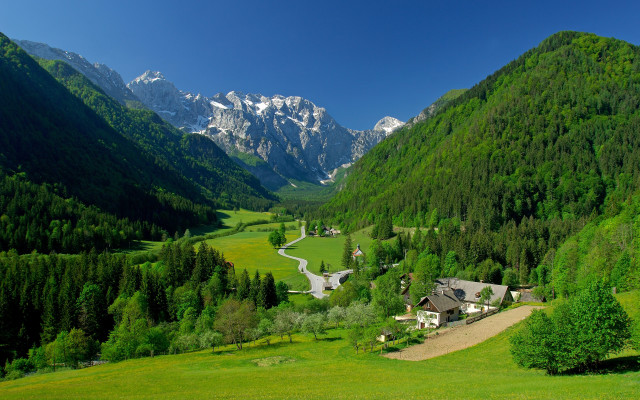 Green valley house mountains snow free wallpaper - medium preview image
